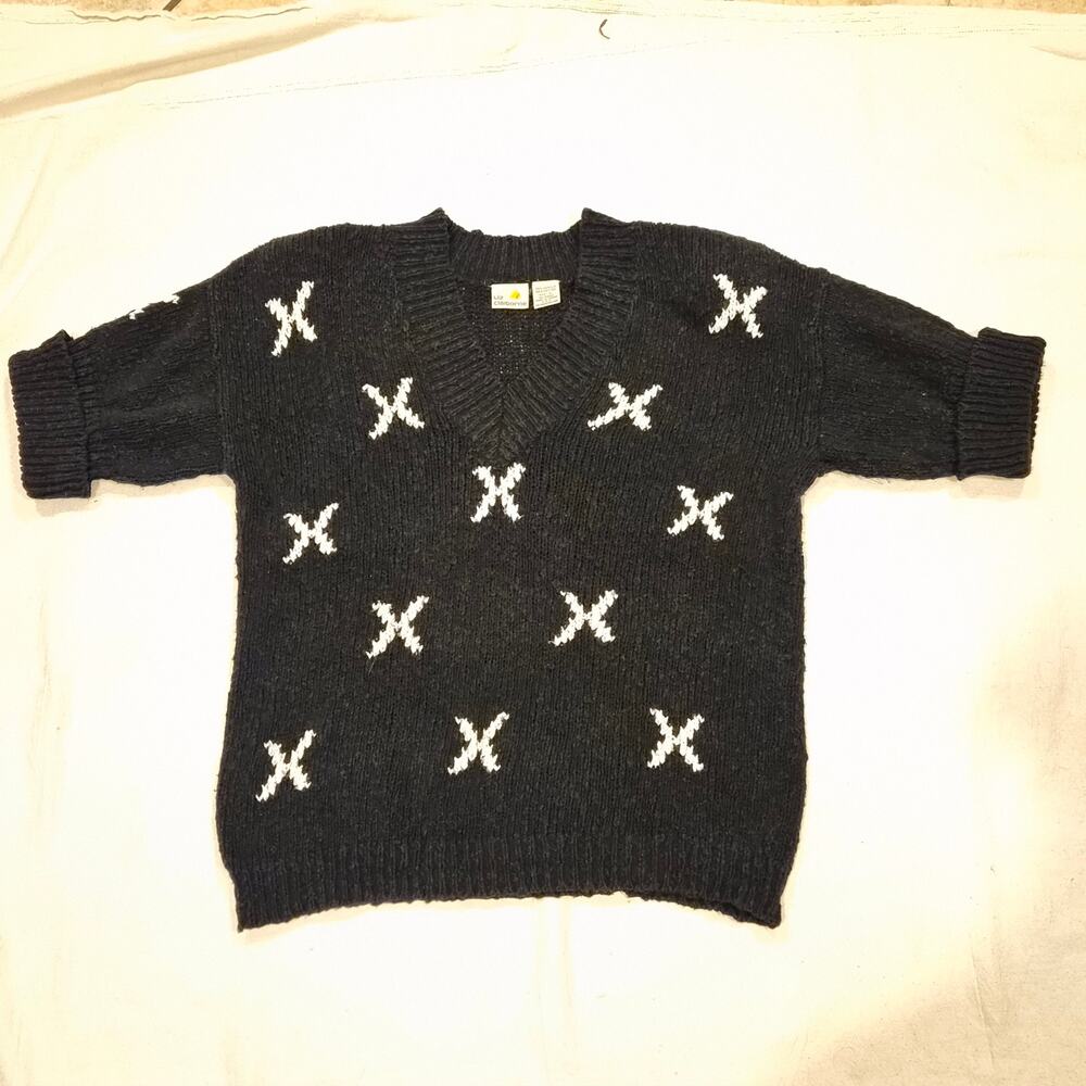 Vintage Liz Claiborne Chunky Knit V Neck Short Sleeve Sweater Black White L